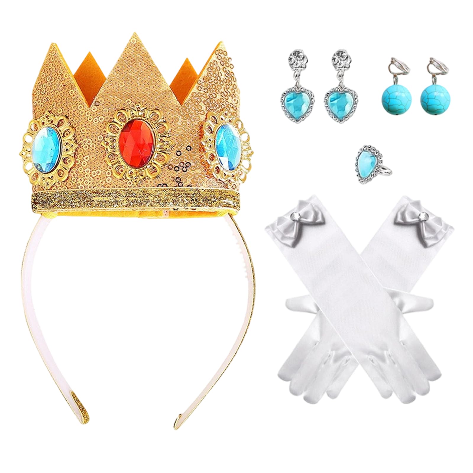 YTPAFK 5-Piece Princess Peach Costume Adult Set, Princess Peach Crown with Earrings and Gloves, Elegant Dress Up Kit for Kids and Adults, Perfect for Halloween and Cosplay Events