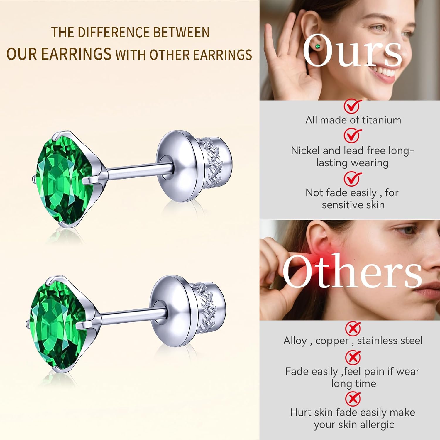 G23 Titanium CZ Stud Earrings, Hypoallergenic F136 Implant Grade Titanium Screw Back Simulated Diamond Earrings for Sensitive Ears, 6mm 5A Cubic Zirconia Stud Earrings for Women - Image 4