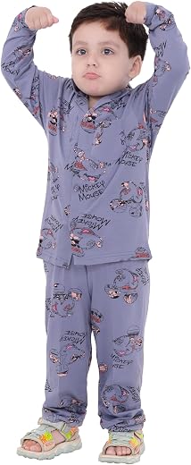 TONY & JONY Summer Casual Wear Self Design Cartoons Printed Full Sleeve 100% Pure Cotton Kid's Top Bottom Set/Night Suit