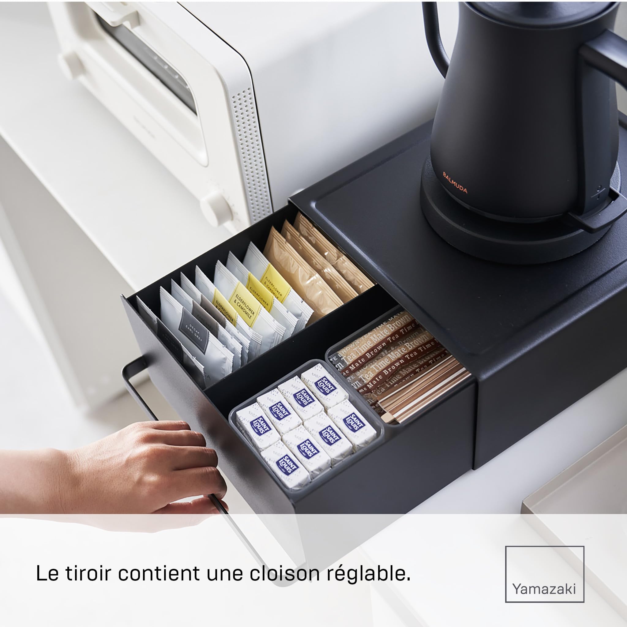 YAMAZAKI Tower Tiroir Coulissant pour comptoir, en Acier - Organiseur, Plateau, Cuisine, Plan de Travail - 27,5 x 22,2 x 11,5 cm, Design Japonais, Noir