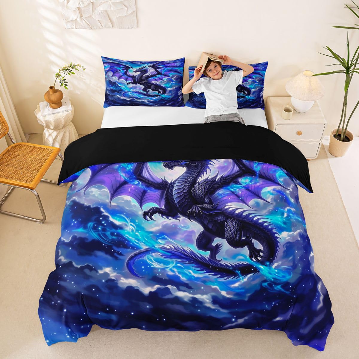 Homewish Set di biancheria da letto con copripiumino per letto super king size, motivo: drago blu, viola, cielo stellato, per bambini e ragazzi, con stampa 3D a tema mostro