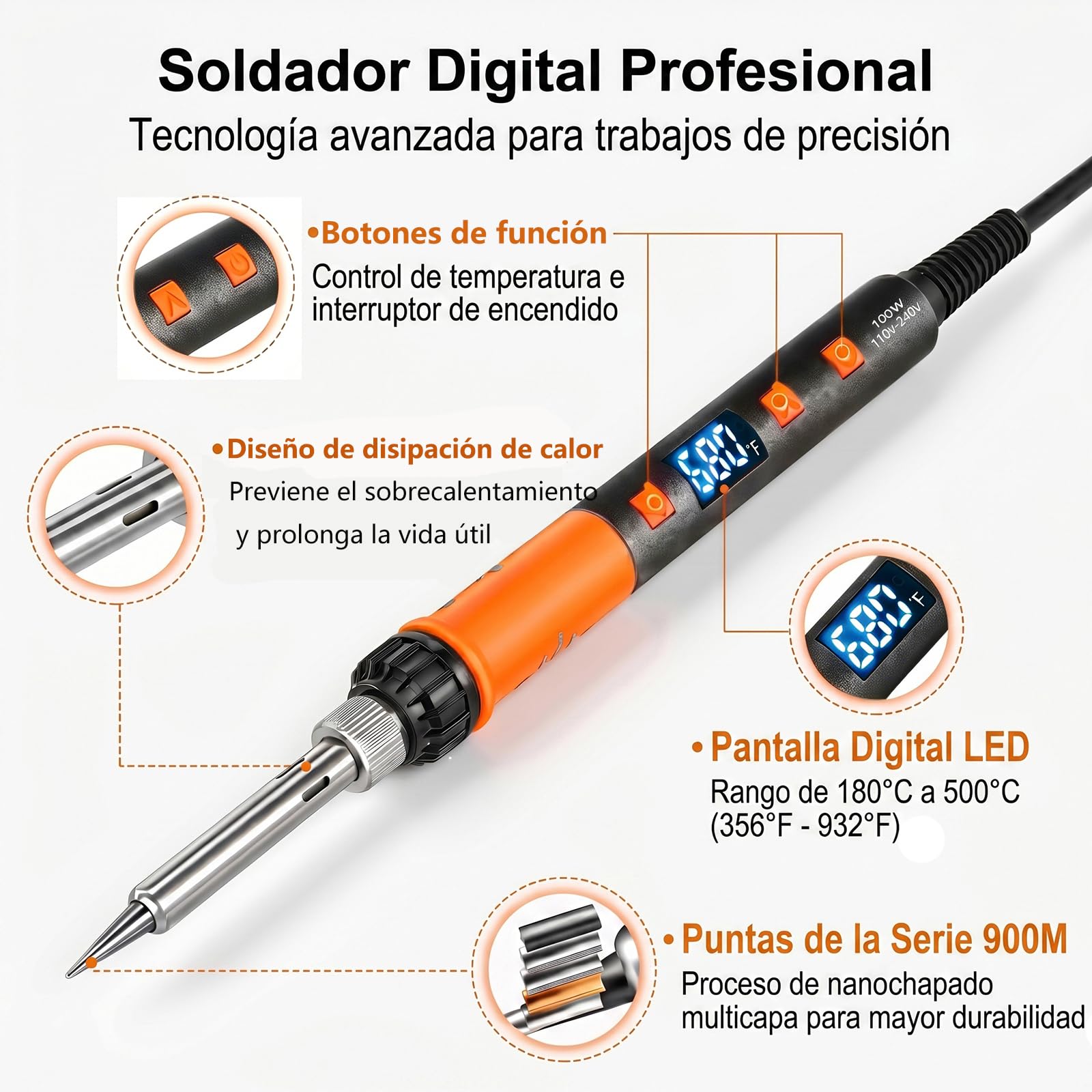 Kit Soldador Estaño 100W, Soporte Antideslizante Resistente, 180-500°C