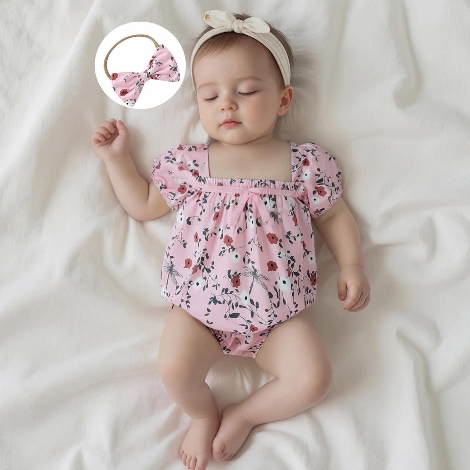 Newborn Baby Girl Summer Clothes Floral Short Sleeve Smocked Bubble Rmper Jumpsuit Bodysuit Boho One Piece Clothes - Image 2
