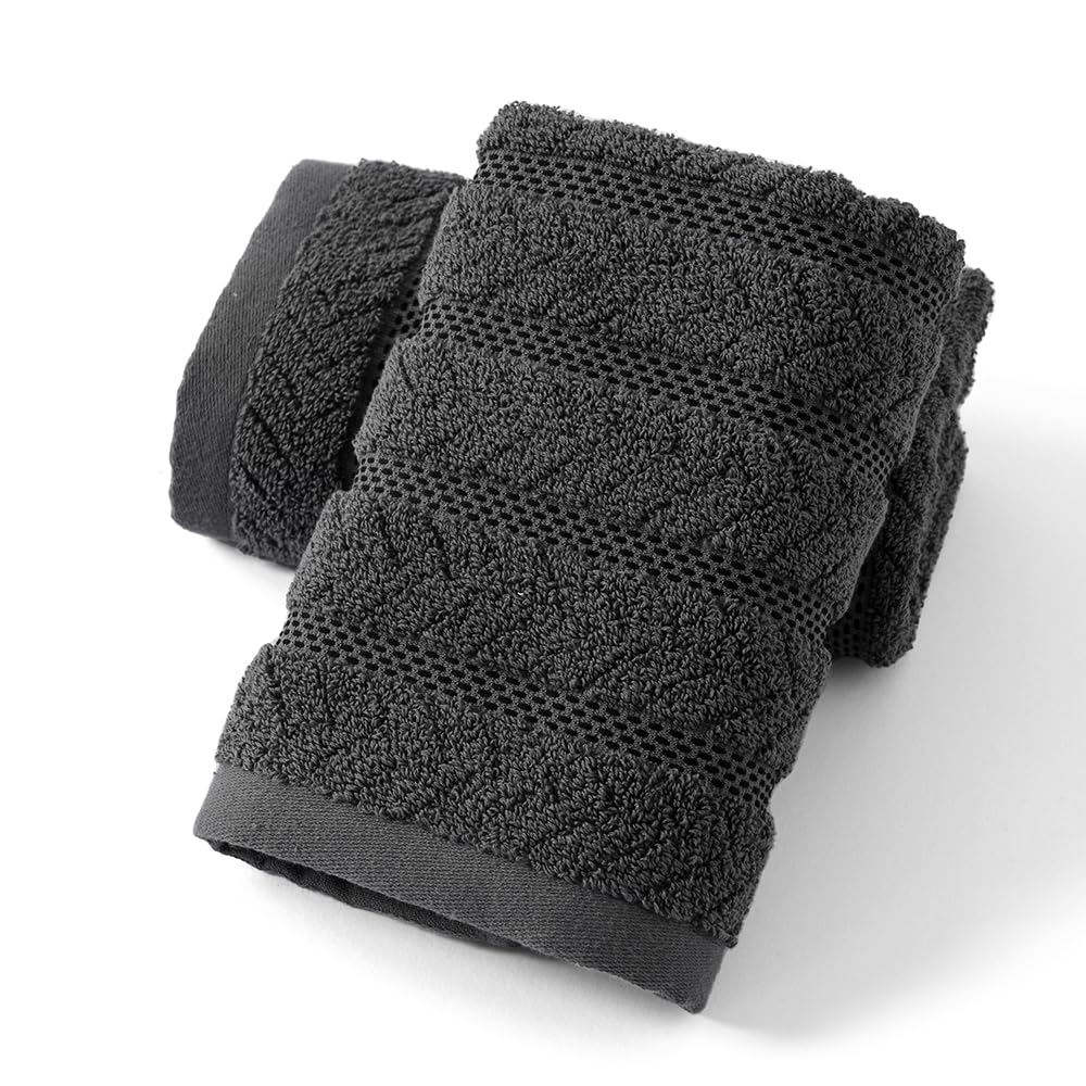 sense gnosis Grey Hand Towel Set of 2 Soft Ribbed Striped Jacquard Pattern 100% Cotton Absorbent Luxury Decorative Towel for Bathroom 13 x 29 Inch