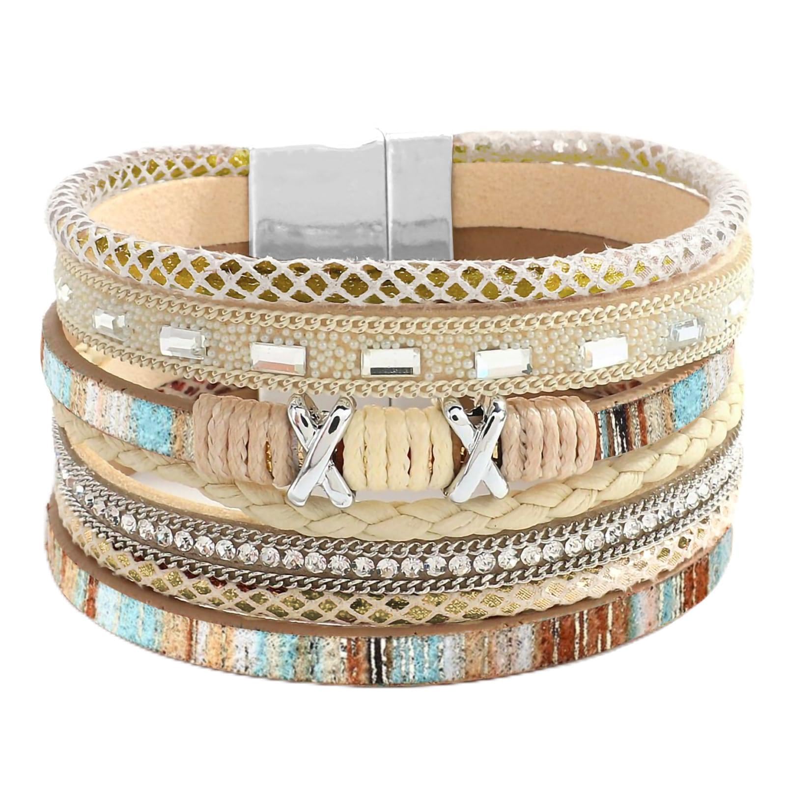 Fesciory Leather Wrap Bracelet for Women, Boho Western Layered Cuff Jewelry | Stackable Bracelets, Easy-On Clasp, Daily Wear, Pairs with Boho Western Outfits, Gift for Women