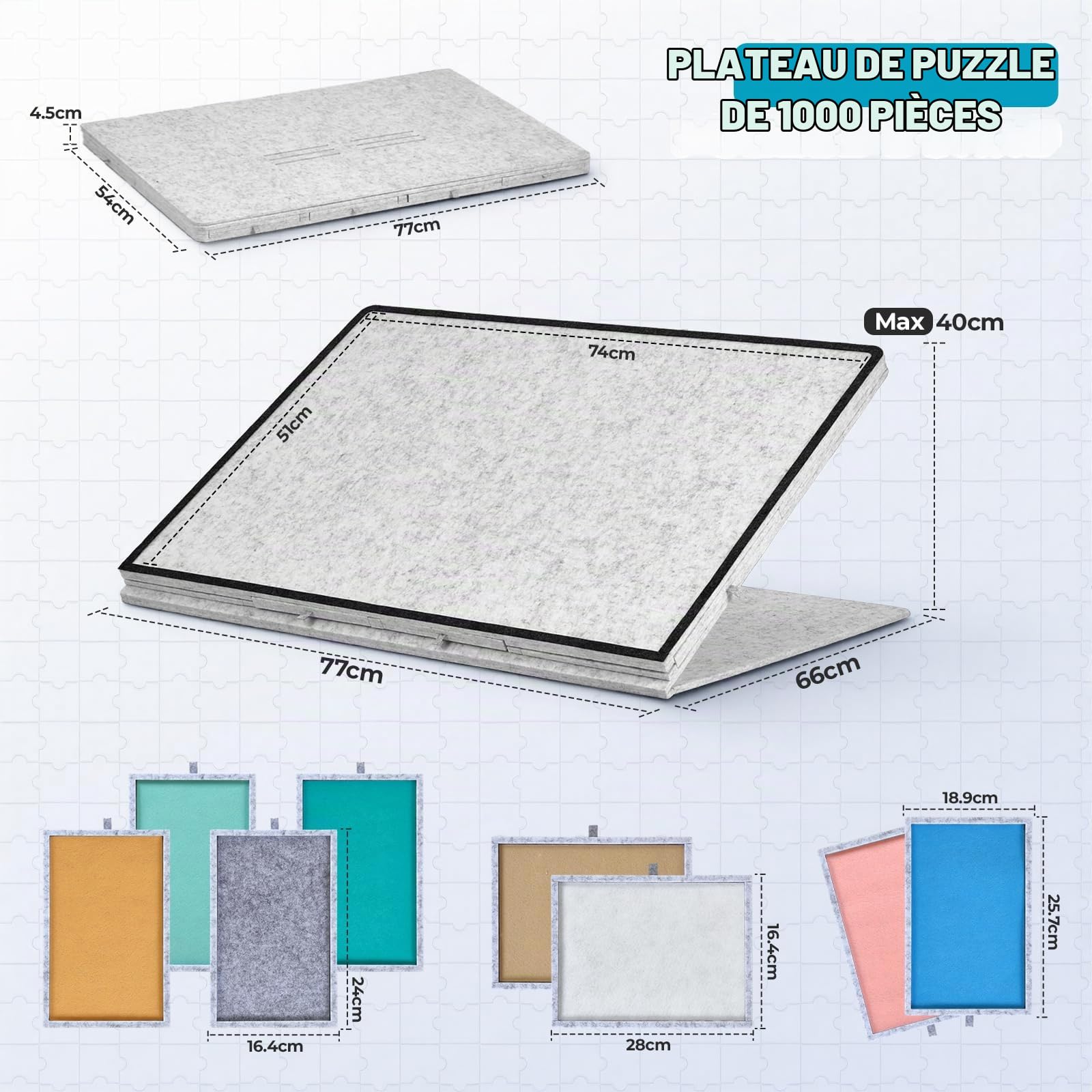 Plateau Puzzle 2-en-1 1000 pièces, Pliable, 8 tiroirs, 77x54 cm, Gris | Surface en feutre, couvercle transparent, 3 tiroirs, pieds pliants 29 cm, bords surélevés