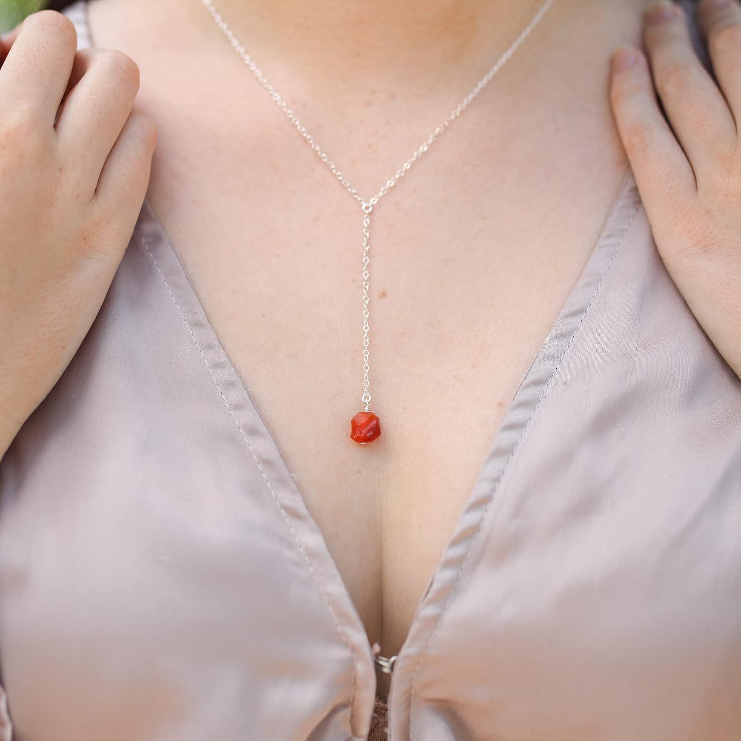 Luna Tide Carnelian Raw Nugget Lariat in Sterling Silver