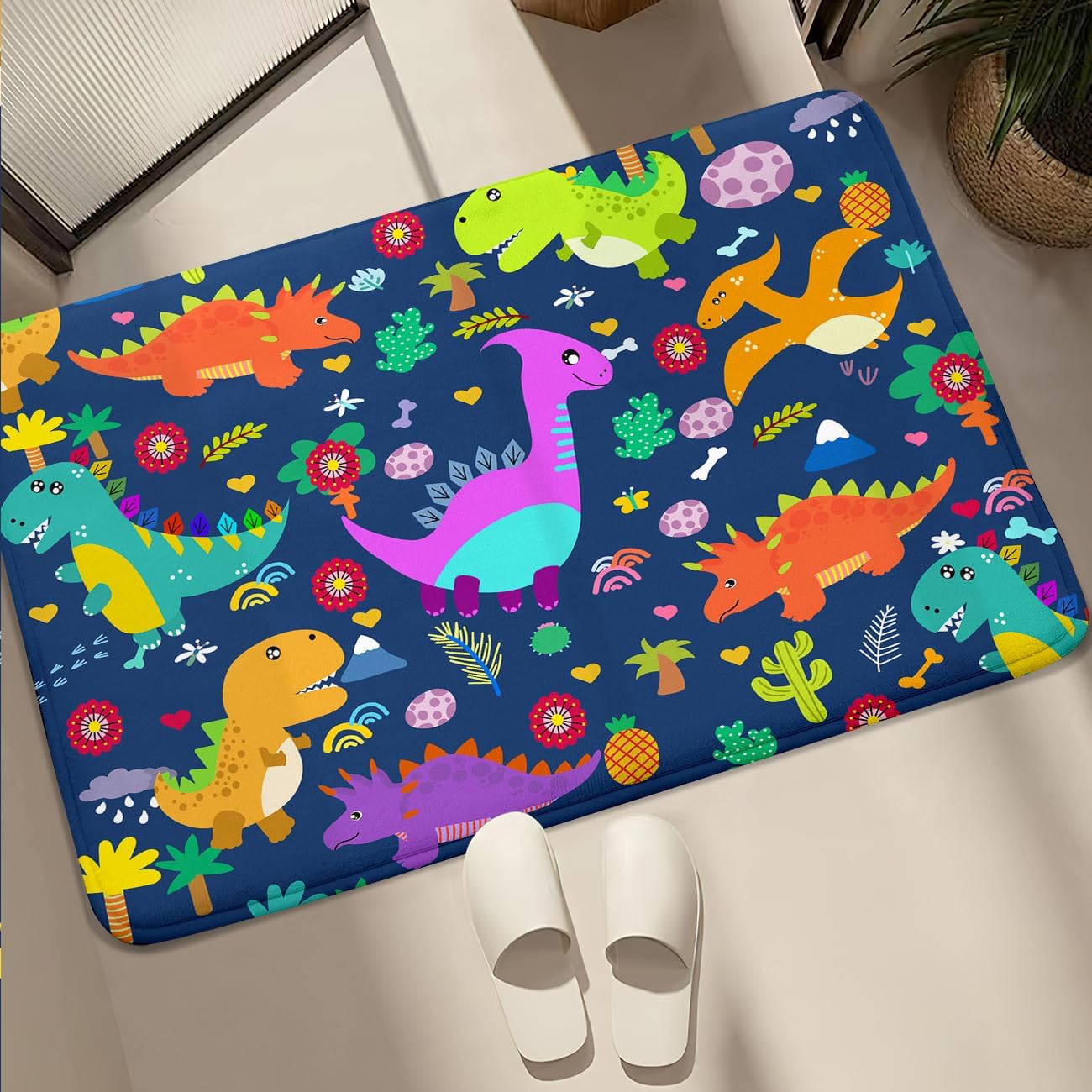 Dinosaur Rug - Cartoon Dinosaur Rugs for Boys Bedroom Playroom Kids Carpet Play Mat, Colorful Dino Carpet for Bedroom Living Room Floor Mats Decor, Blue 2'×3'