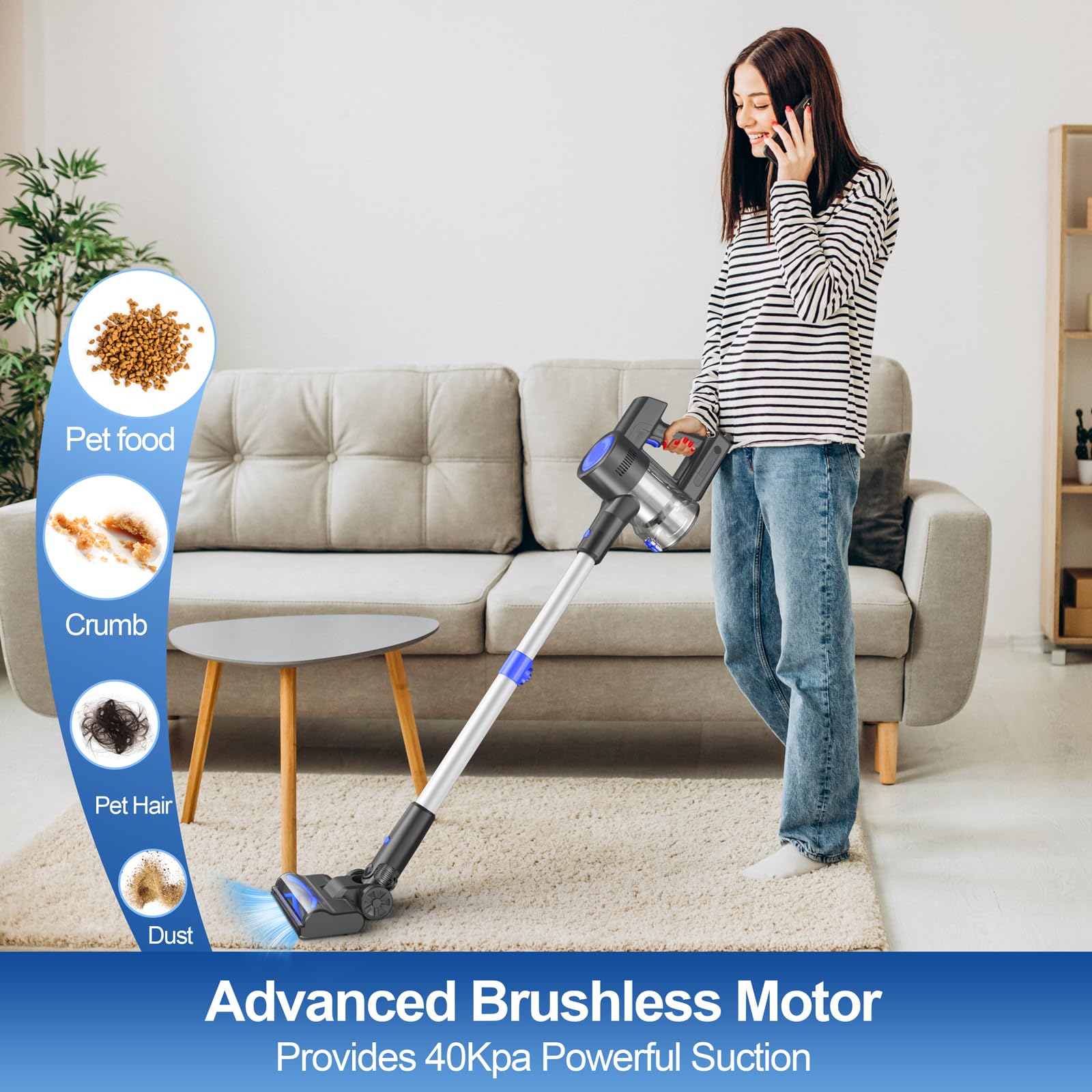 Cordless Vacuum Cleaner, Lightweight Stick Vacuum with 40Kpa Powerful Suction,45 Mins Max Runtime,Rechargeable Cordless Vacuum, LED Display, Vacuum Cleaners for Home Carpet Hardwood Floor (Blue) - 3