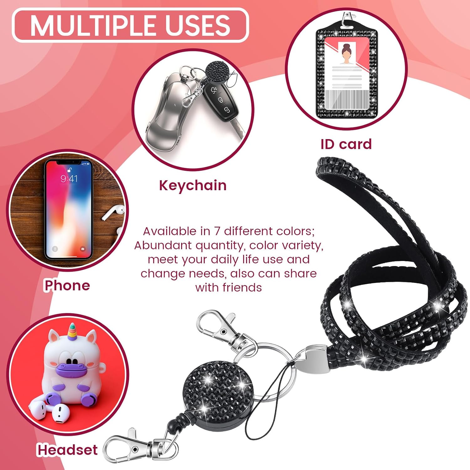 Sherr 7 Sets 7 Color Rhinestone Lanyard for ID Badges Women Cute Lanyard Bling ID Badges Card Holder Crystal Retractable Reel with Metal Clasp for Women Office Nurse Teacher