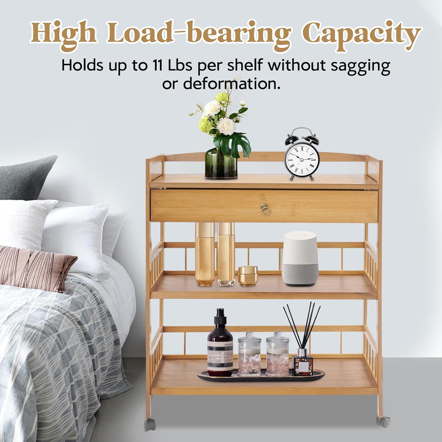 3-Tier Bamboo Rolling Cart, Wooden Kitchen Serving Cart with Drawer Storage, Storage Rack Utility Mobile Trolley with 4 Wheels for Home Bar Living Dining Room