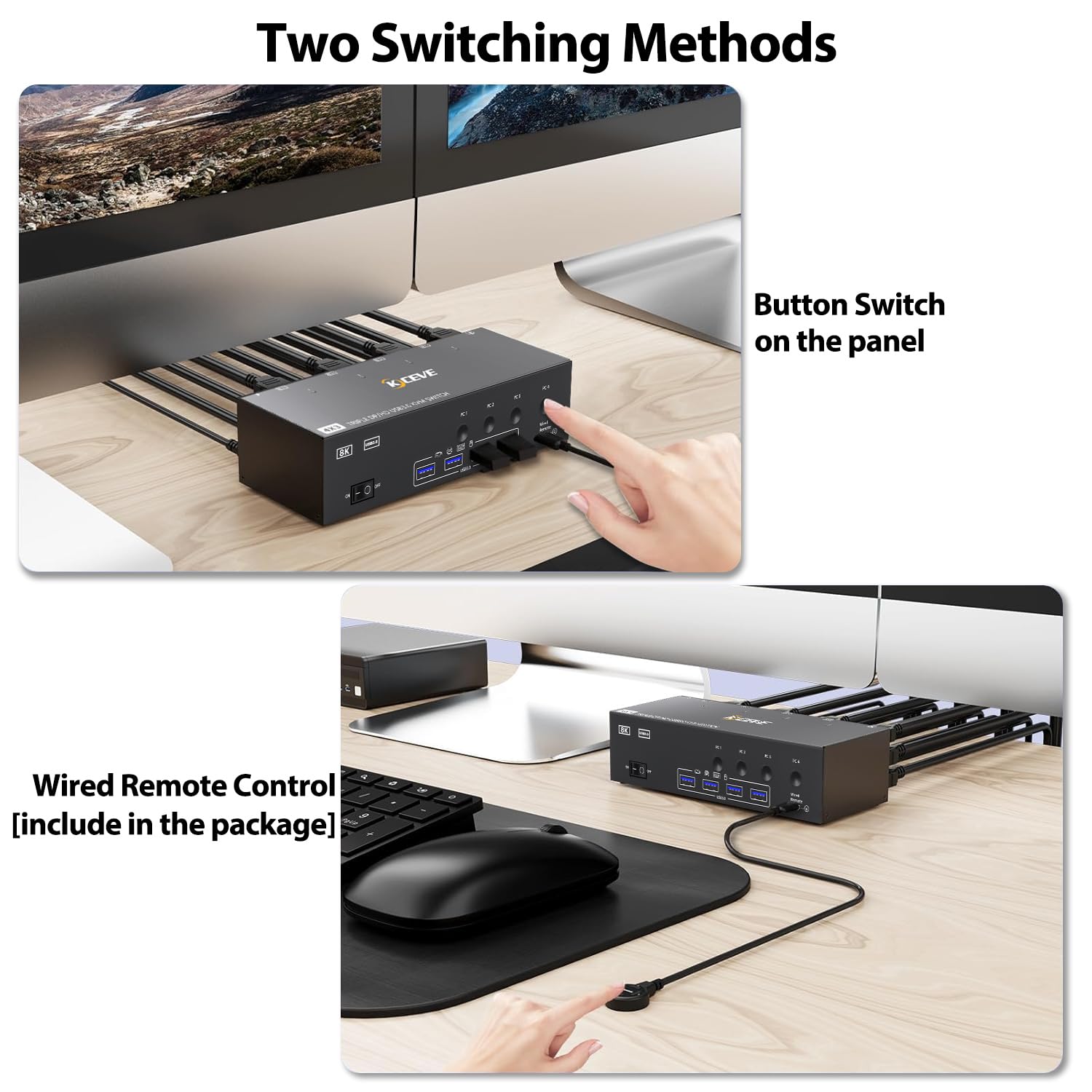 KVM Switch 4 PC 3 Monitory 8K@60Hz 4K@144 Hz, USB 3.0 KVM Switch Triple Monitor 2 Displayport HDMI dla 4 Komputery Udostępnianie Mysz i Klawiatura, Wired Remote(8K DP HD 4 in 3 out)