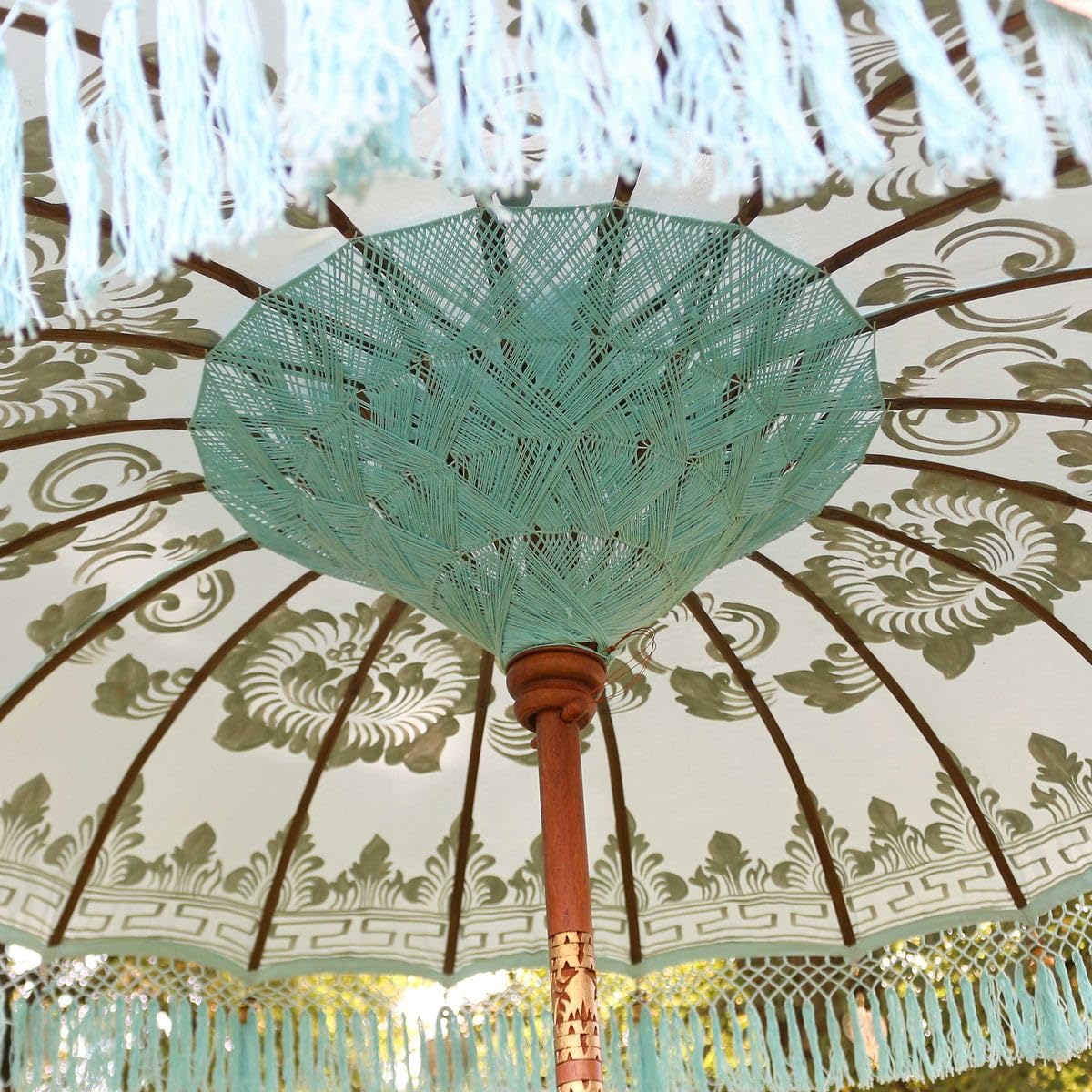 sonnensegel orientalisch Oriental Galerie Sonnenschirm Bali Schirm 180 cm Türkis Gold Bemalung Fransen Gartenschirm Baumwolle Sonnenschutz Handarbeit Dekoschirm Model Emlia Cannondale HollowGram SAVE Accessory YGroup_02054618 Größe:520 x 110 mm