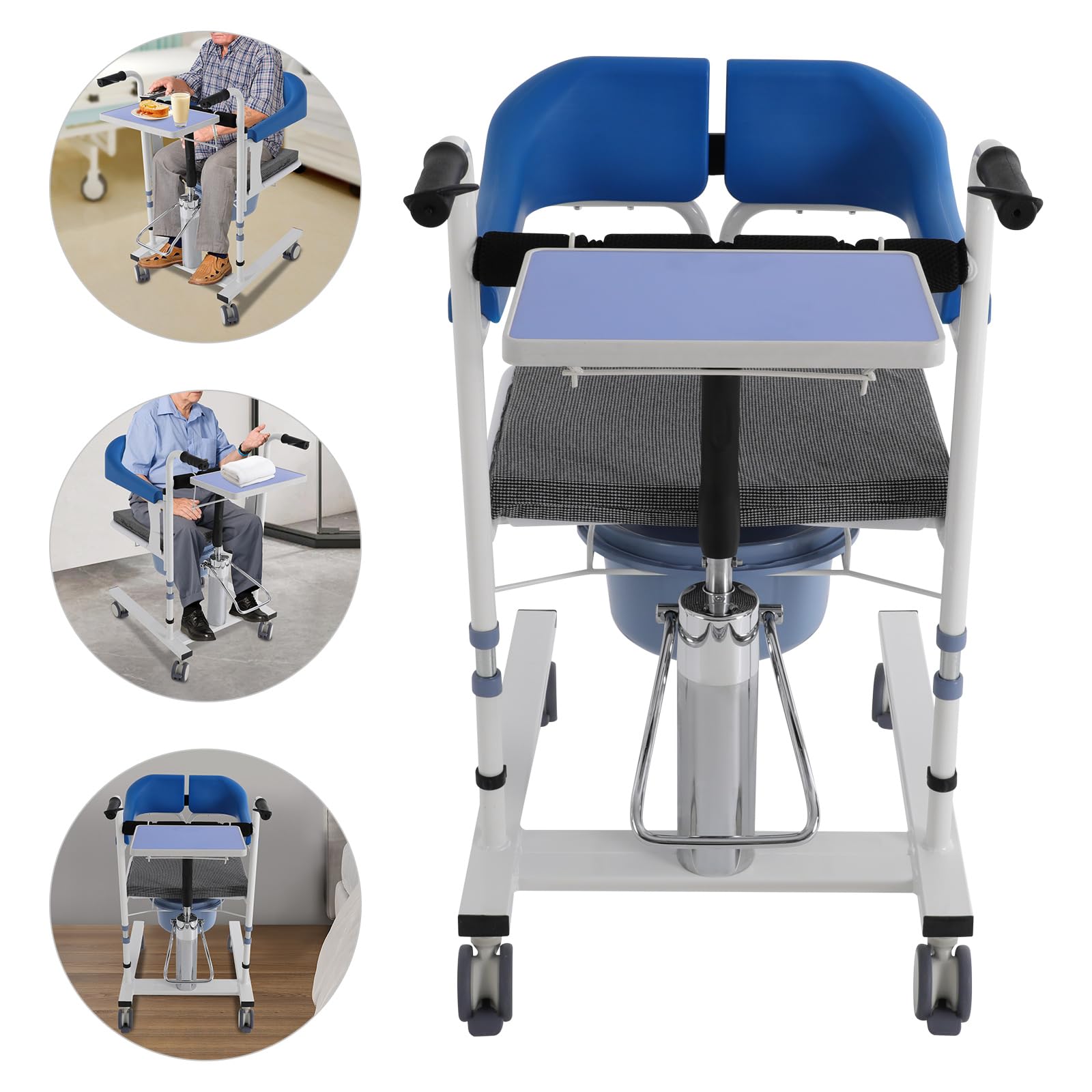 Sedia a rotelle idraulica per pazienti, regolabile in altezza, con ruote silenziose a 360° e seduta divisa a 180°, fino a 100 kg, per larghezza fino a 53 cm, blu