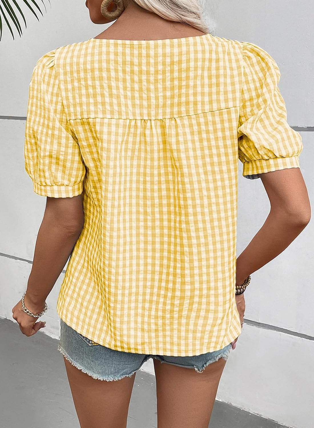 EVALESS Womens Gingham Top Short Sleeve Square Neck Shirts Cotton Blouse image 3