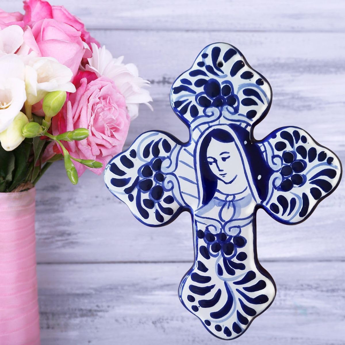 MAYANSHUL Talavera Wall Cross Home Decor hand-painted, Talavera Virgin of Guadalupe, Mexican Cross Handcrafted