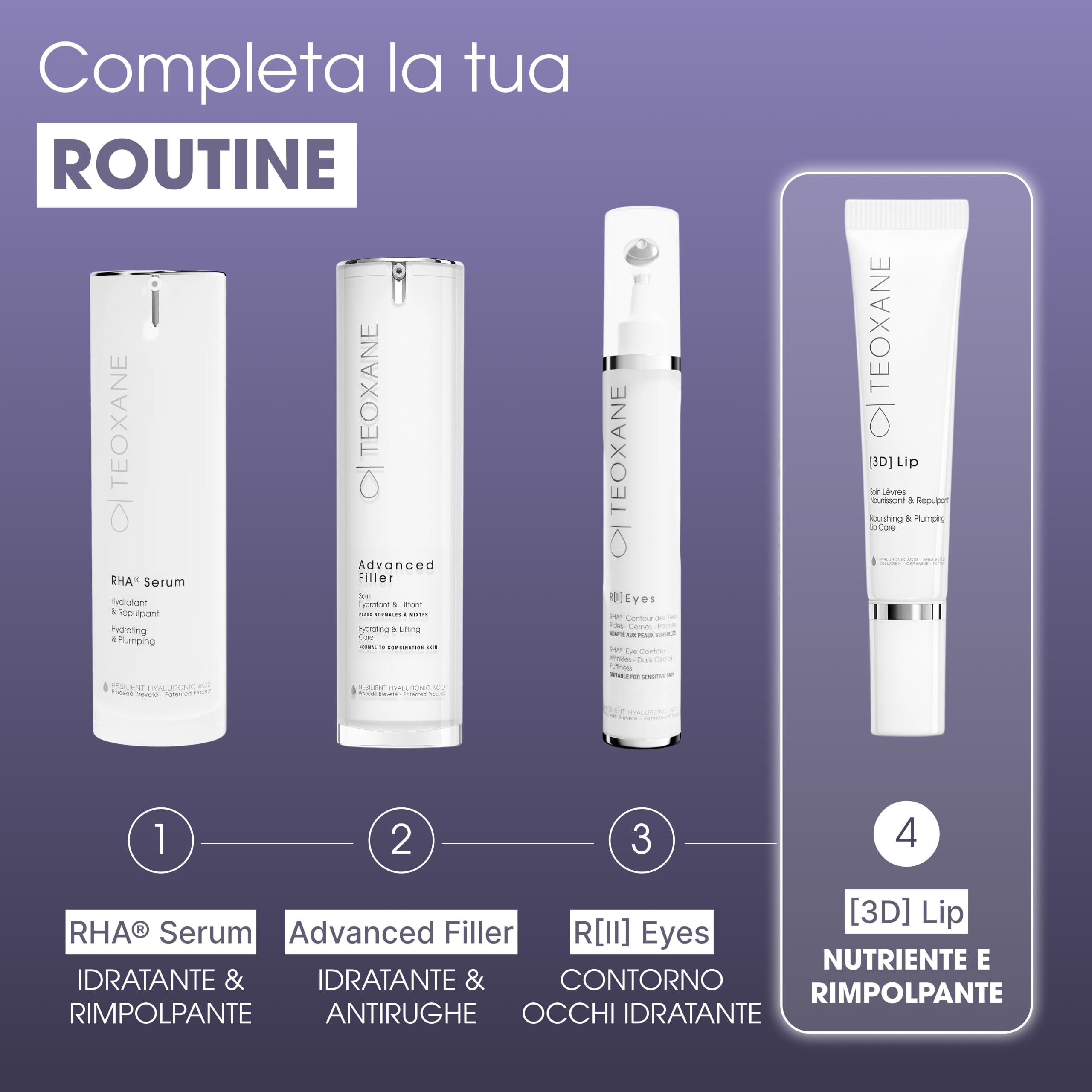 TEOXANE - [3D] Lip - Balsamo labbra 3D all’acido ialuronico, Idrata, rimpolpa e sublima, Formula con Collagene e Burro di Karité, Applicatore metallico rinfrescante, Adatto a tutti i tipi di pelle.