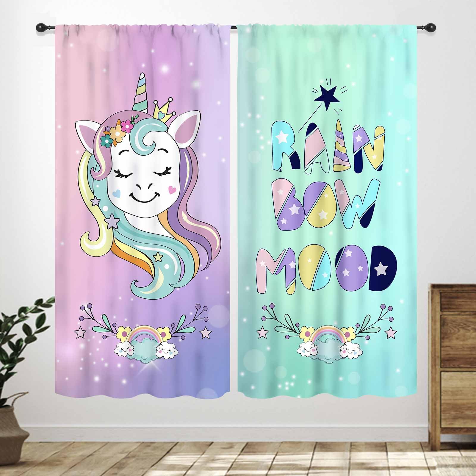Unicorn Curtains for Girls Bedroom,Cartoon Rainbow Unicorn Princess Pink Drapes Treatments for Kids Nursery Room Living Room Bathroom Curtains 2 Panel,42X45 Inch