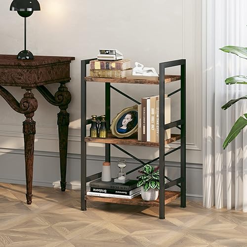 Miniatura 4 de Homeiju Estantería industrial de 3 niveles, estantería pequeña de metal, organizador rústico para sala de estar, dormitorio y oficina en casa
