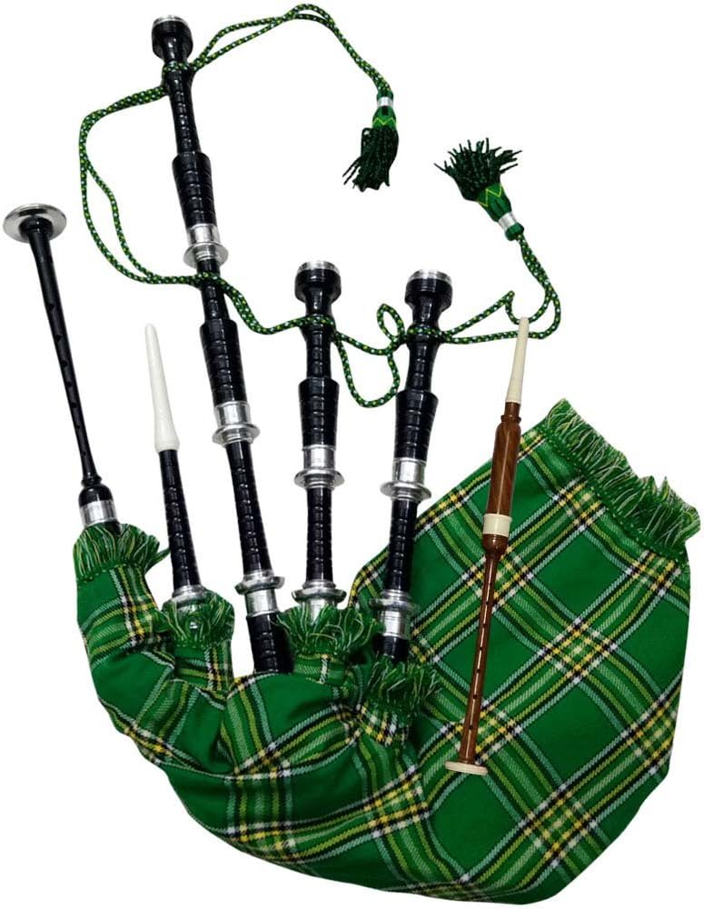 AJW Classic Great Highland Bagpipe Irish National Tartan Rosewood Black Finish Silver Mounts with Tutor Book, Carrying Bag