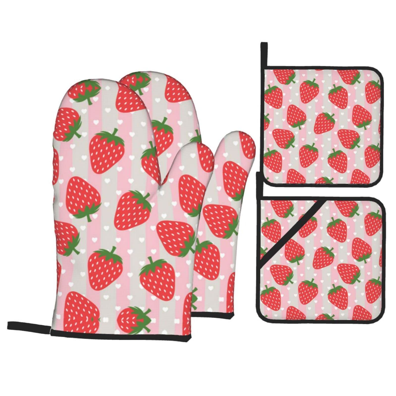 Strawberry Oven Mitt and Pot Holder 4-Piece Set for Kitchen, Outdoor Grill, Baking
