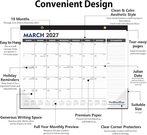 OuMuaMua Large Desk Calendar 2026-2027, 19 Months, 22 x 17