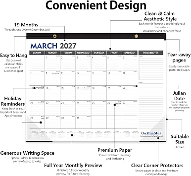 OuMuaMua Large Desk Calendar 2026-2027, 19 Months, 22 x 17