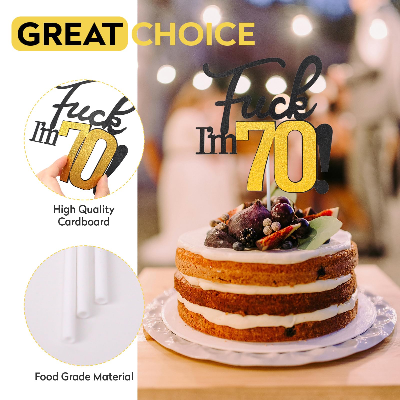 Décoration De Gâteau D'anniversaire 70 Ans - Noir Et Doré - Décoration Amusante Pour 70e Anniversaire Pour Homme Et Femme - Noir Et Doré - Paillettes - Fournitures De Fête D'anniversaire