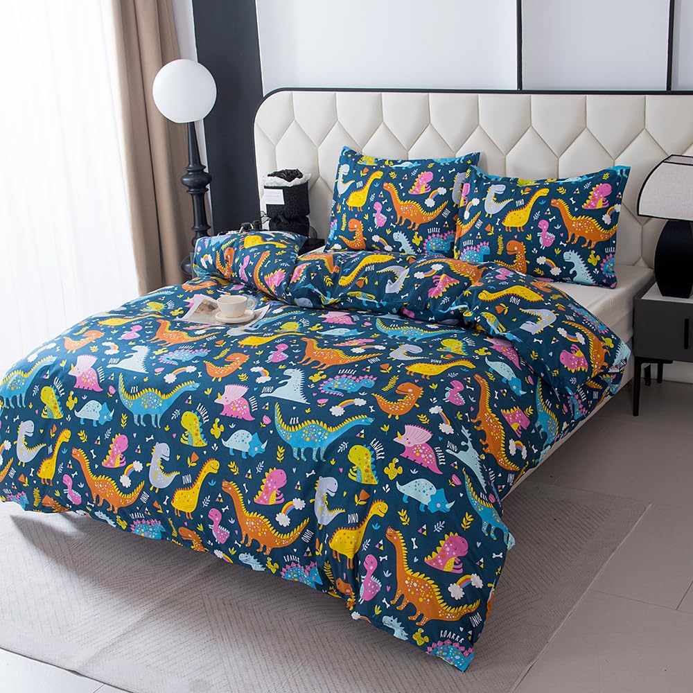 Floral Printed Duvet Cover and Pillowcase Set,Soft Cartoon Dino Printed Microfiber Comforter Cover with Corner Ties (Navy Blue Dino, Full)