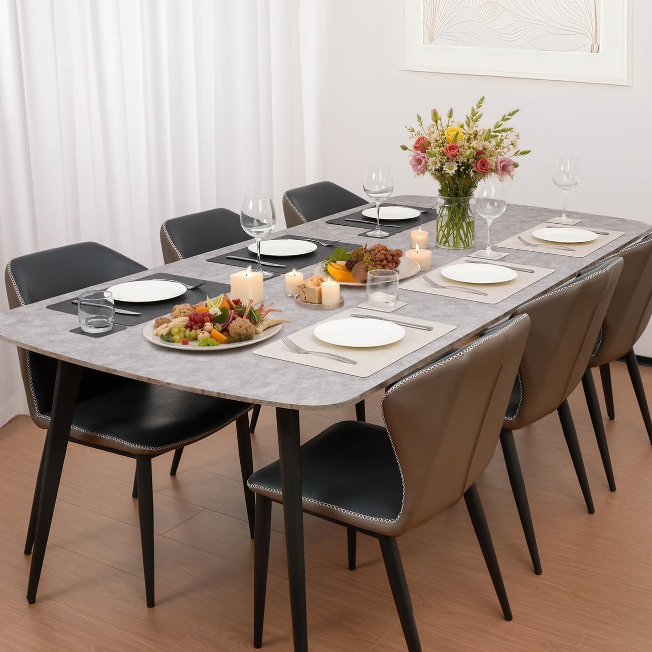 Dual-Sided Two-Tone Vinyl Placemats Set of 6 with Coasters, 12x17 Inch - Waterproof Faux Leather Table Mats, Heat Resistant Washable Wipeable Place Mats for Kitchen Dining, White/Dark Gray