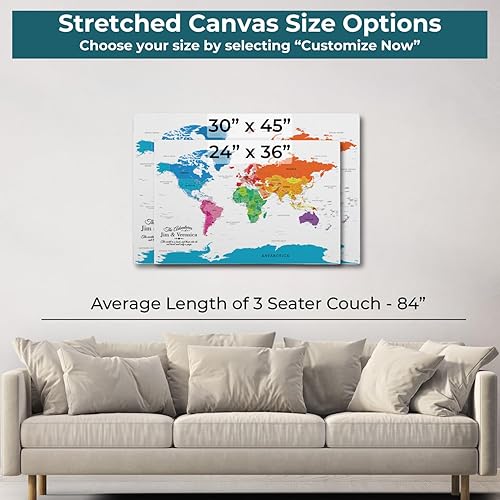 Vista 30 de Lienzo - Mapa de viaje personalizado con diseño colorido del mundo con marco negro rústico