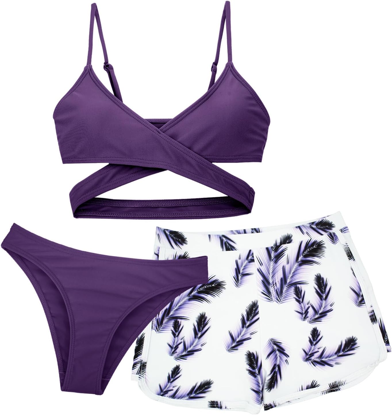 Costume Da Bagno 3 Pezzi Per Ragazza - Bikini Alto + Pantaloncini + Gonna Coperta, Stampa Tie-Dye - Foto 13