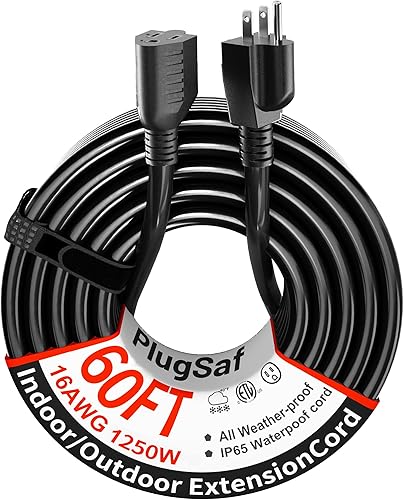 PlugSaf Cable de extensión para exteriores de calibre 16, 60 pies, impermeable, frío resistente a la intemperie, -58.0 F, ignífugo, flexible de 3