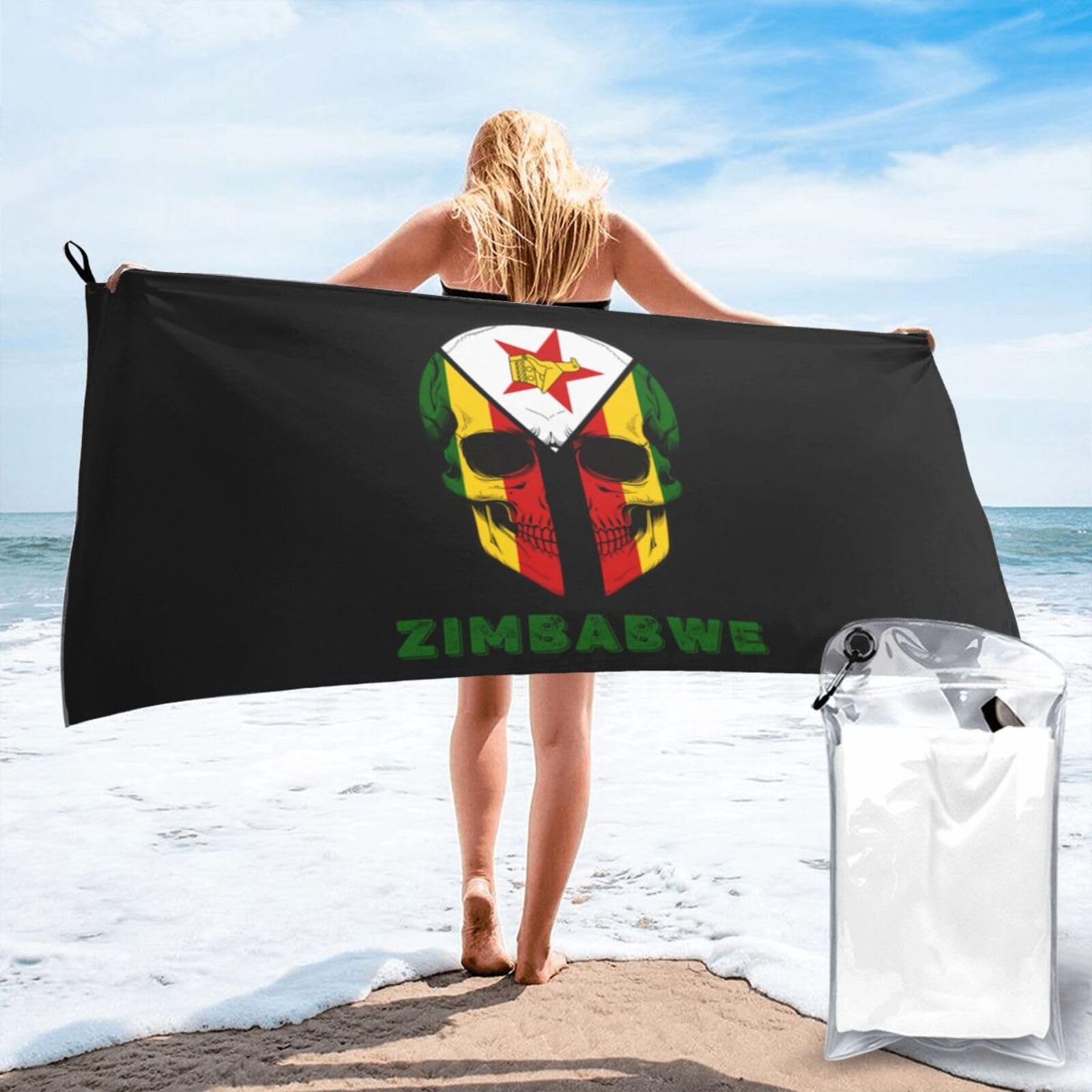 HACXZ Skull Zimbabwe Flag Lightweight Absorbent Beach Towel Microfiber Beach Towel 31.5"X63"