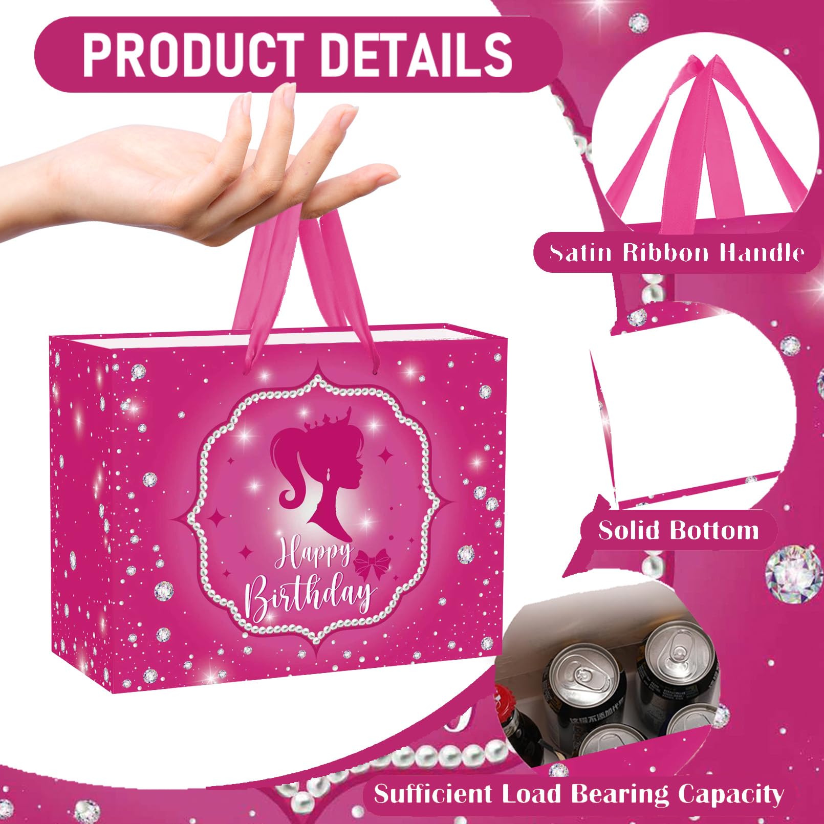 RTMISA Hot Pink Birthday Gift Bag with Tissue Paper and Greeting Card Princess Birthday Gifts Wrapping Bag for Girls Women Fashion Pink Doll Happy Birth Day Party Decorations Supplies