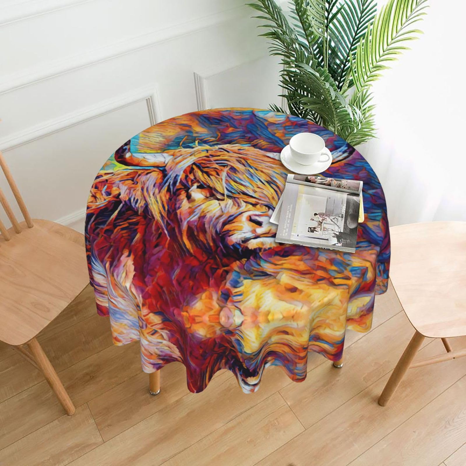 Zcmkjlg Highland Cow Print Quick Ship Round Tablecloth 60in Polyester Washable Cover for Dining Room