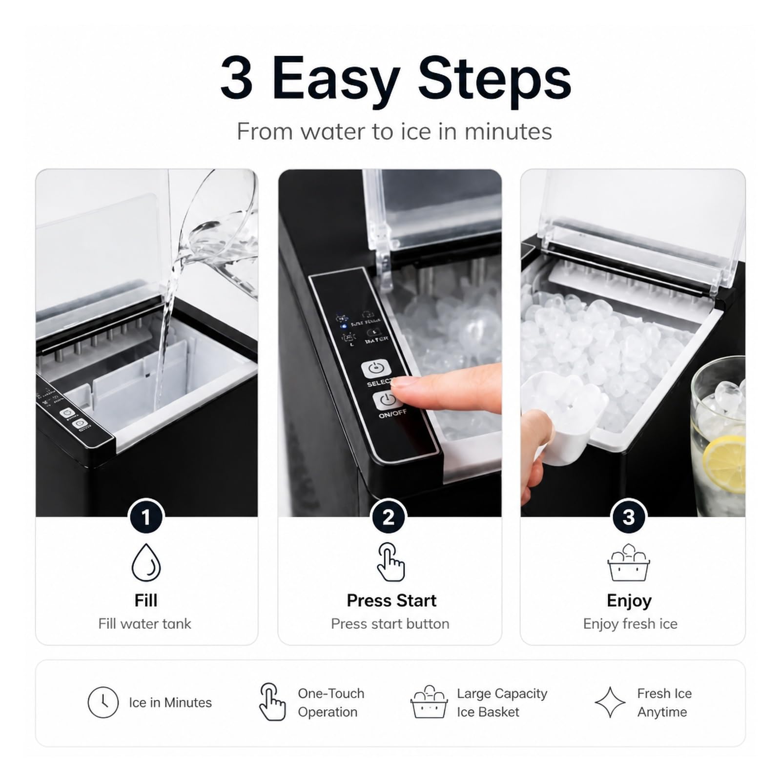 Máquina de hielo, Encimera portátil para fabricar hielo en 6 minutos, máquina compacta para el hogar, la cocina y la casa rodante, autoservicio con cuchara