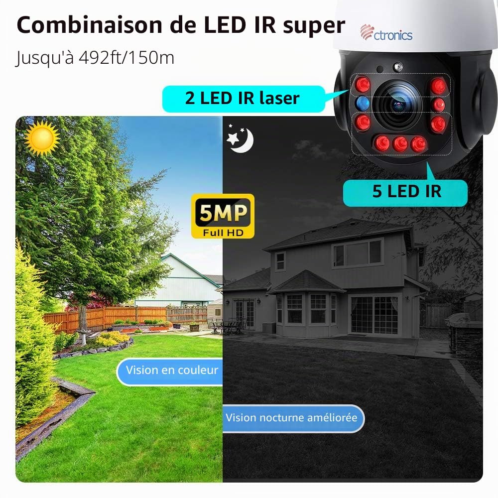 Ctronics 30X Zoom 5MP Caméra Surveillance WiFi Extérieure Caméra IP Détection 1920p Mouvement Uniquement Humaine Vision Nocturne 150M Rotation 355 °90° Alarme Sonore Audio Bidirectionnel | Détection Humaine& Auto Cruise/Zoom, Vision Nocturne 150M, PTZ 355