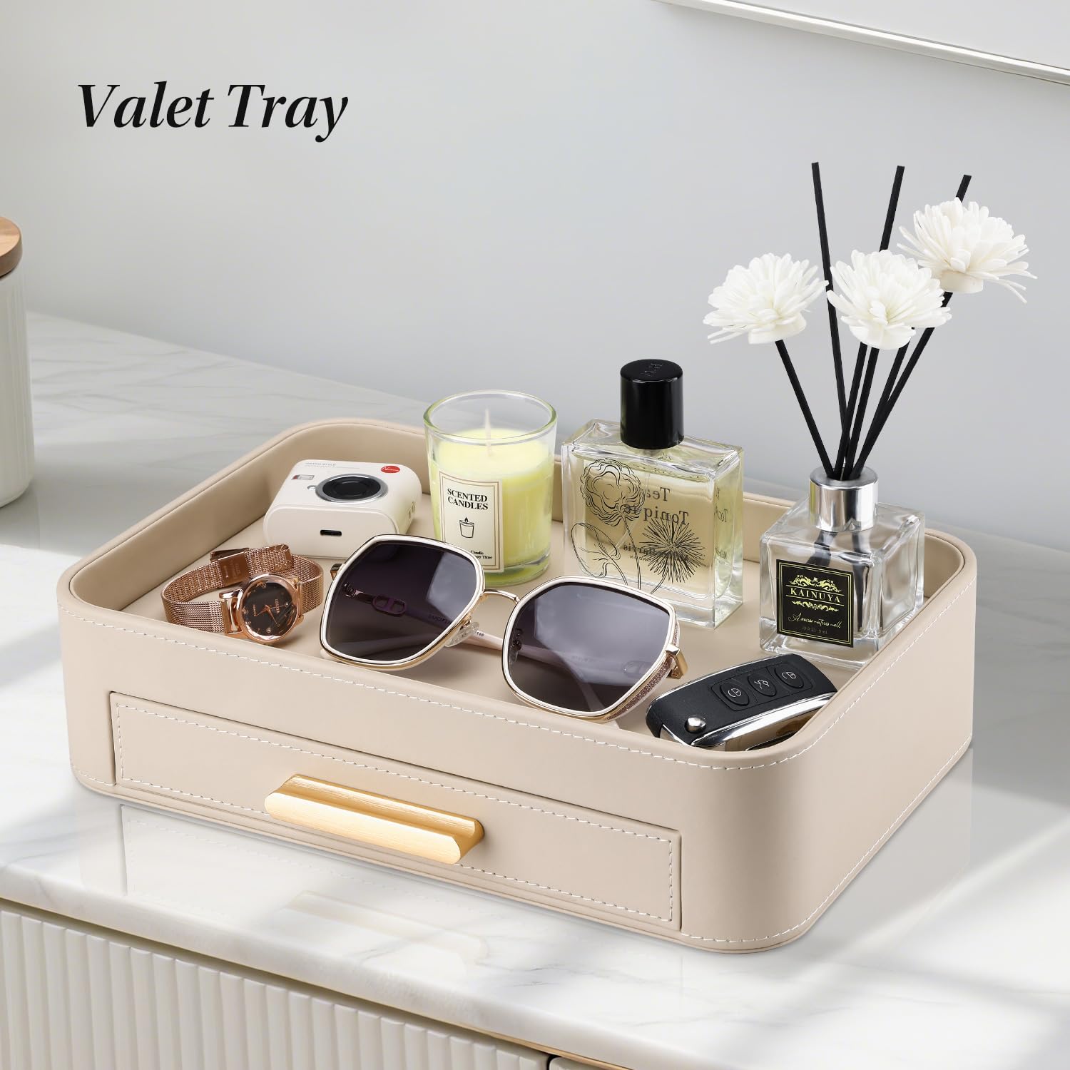 GORESE Taschenleerer, Leder Valet Tablett mit Schublade Nachttisch Ablageschale Schmuckaufbewahrung Dekotablett Schreibtisch Aufbewahrungsbox für Schmuck,Kosmetik,Schlüssel,Schreibwaren(Beige)
