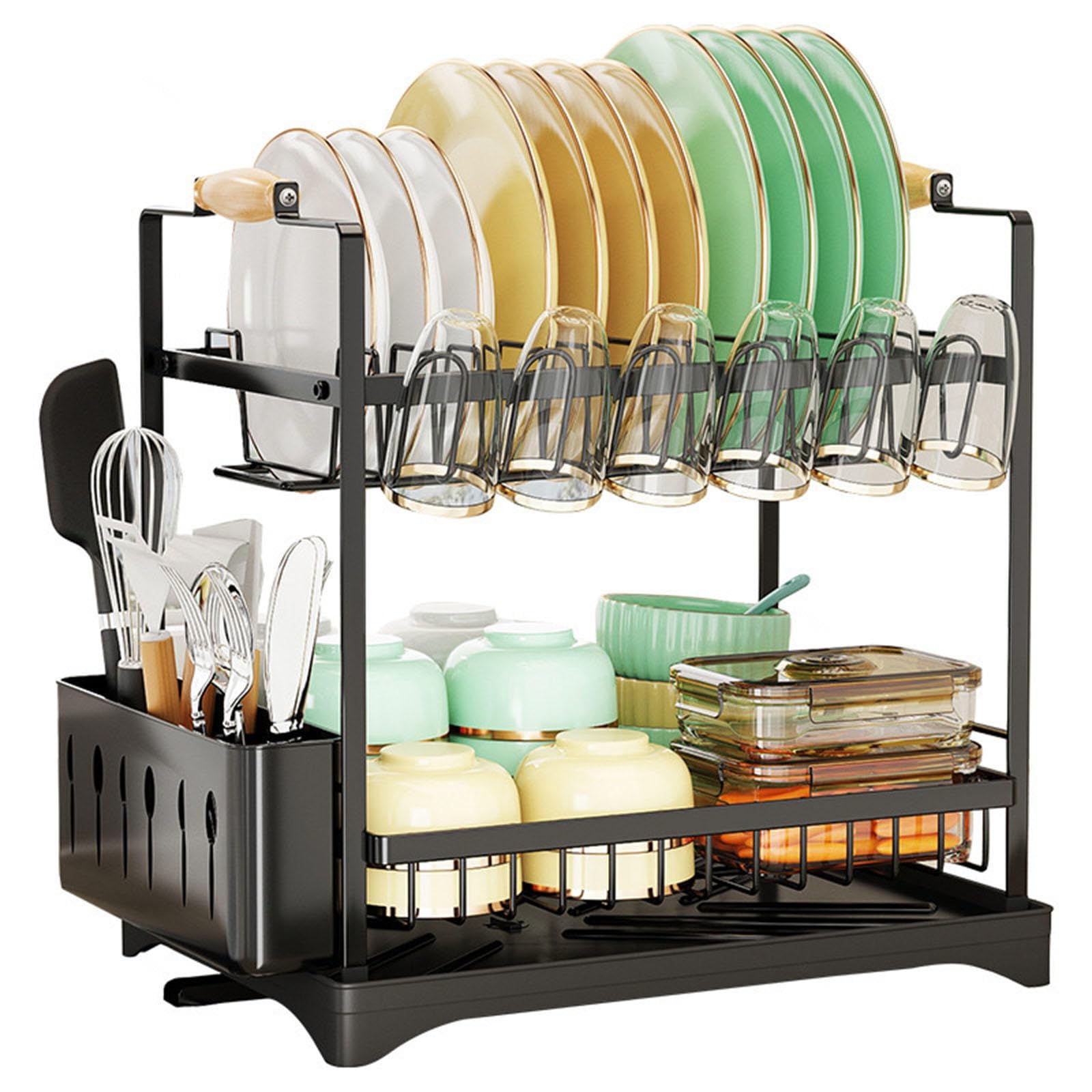 Escurridor de platos para encimera de cocina, estante de platos de 2 niveles con soporte para cubiertos, estante de drenaje grande con bandeja de goteo, estante de drenaje giratorio de 360 grados