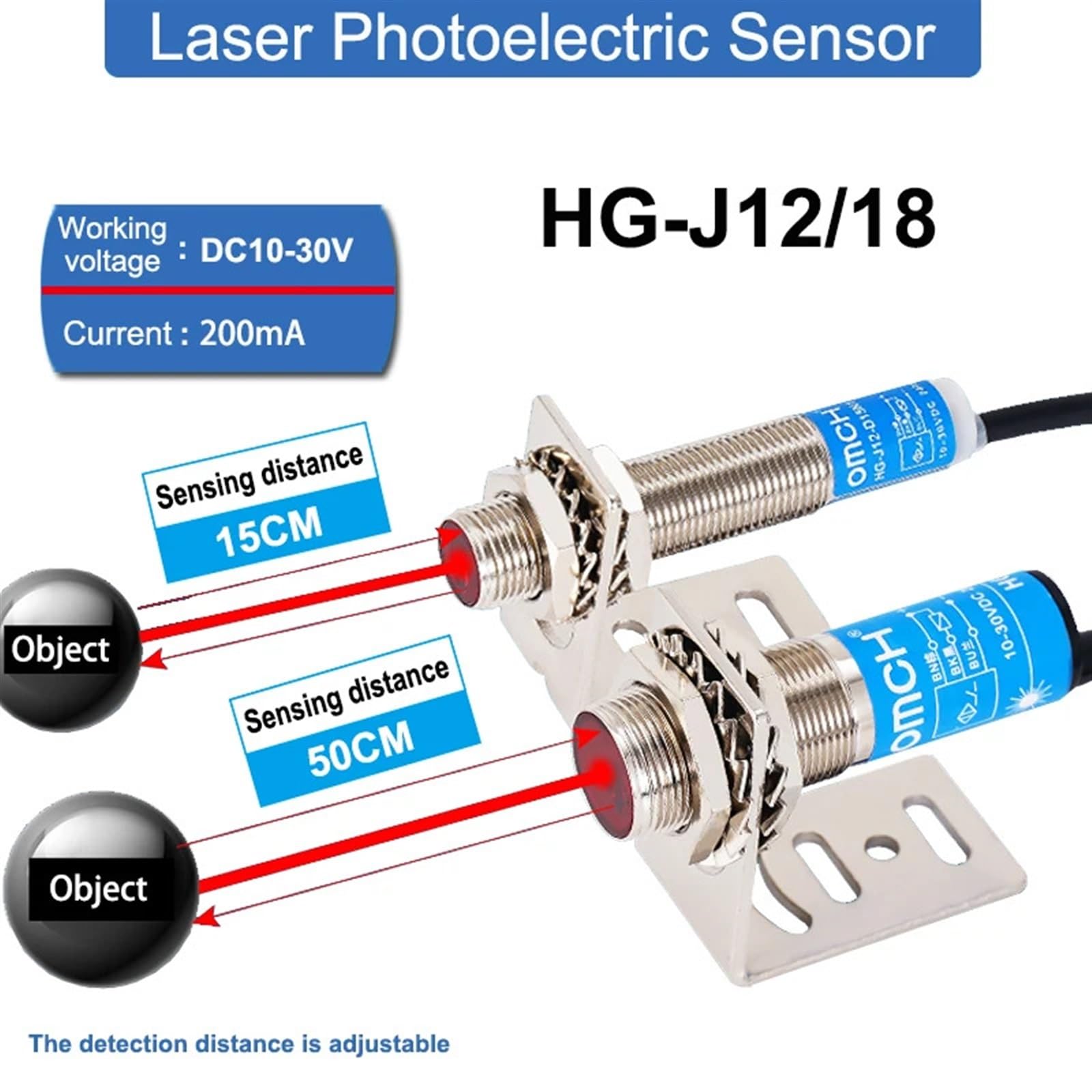 JCAKES Interruptor fotoeléctrico de reflexión difusa láser HG-J12/18 D15 D50 M12/M18 15CM 50CM Sensor infrarrojo de Distancia de detección (Color : HG-J18-D50N1)