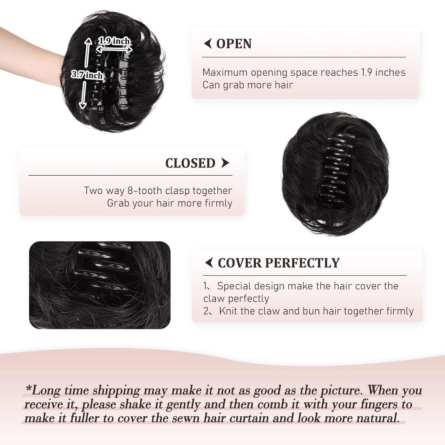 RUWISS Moño Postizo Desordenado con Pinza para Extensiones de Coleta 100% Cabello Humano Ondulado y Rizado Scrunchies de Cabello Humano Genuino con Clip para Mujeres (Negro Natural)