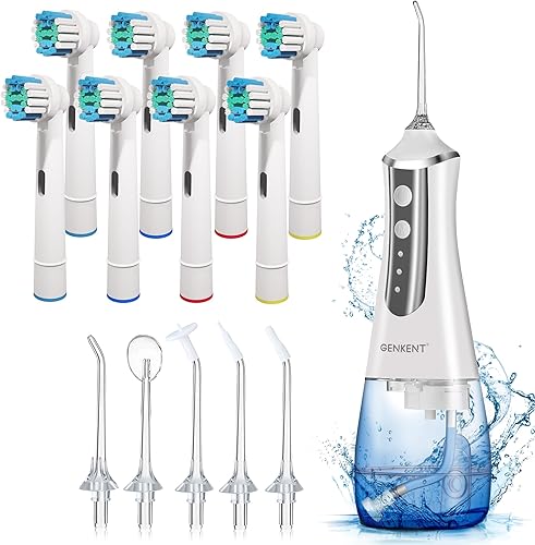 GENKENT Hilo dental de agua inalámbrico y 8 cabezales de cepillo de dientes de repuesto