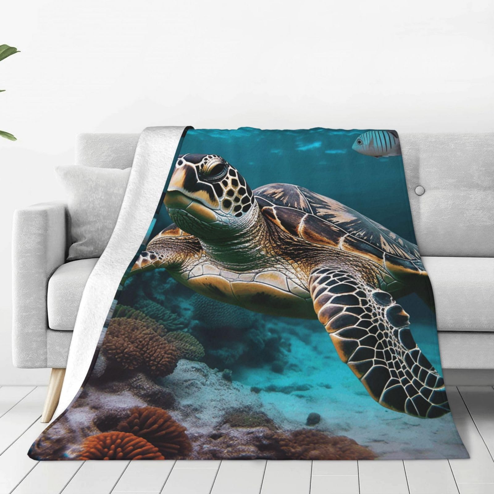 Ocean Animal Turtle Throw Blanket for Couch, Plush Fuzzy Soft Flannel Blankets and Throws for Sofa, 40"x30" Bed Blankets for Travel Camping Chair, All Season Warm Fleece Blanket