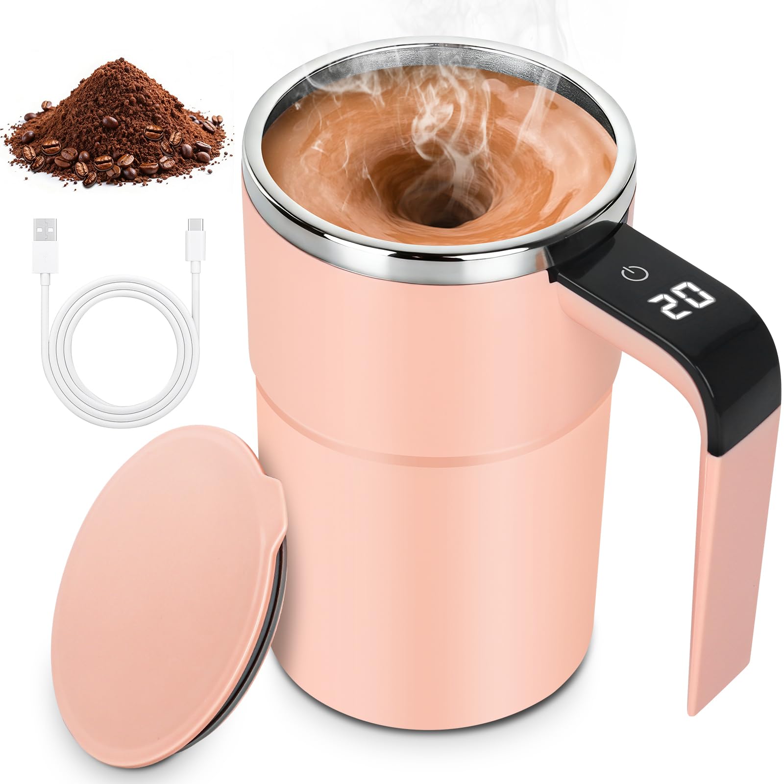 380 Ml Miscelatore Elettrico Ricaricabile, Tazza Per Miscelatore Elettrico Con Display LCD, Tazza Da Caffè Automatica, Con Coperchio, Per Latte Cacao Cioccolato Caldo E Bevande(Rosa)