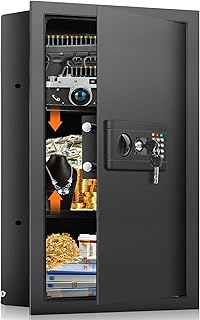 25.6" Tall Fireproof Wall Safes Between the Studs 16" Centers, Hidden Wall Safe with 2 Removable Shelf & Hidden Tray, Heavy Duty Wall Mount Safe for Firearms, Money, Jewelry, Passport