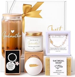 7PCS Godmother Proposal Gift, Will You Be My Godmother 16oz Glass Cup Bracelet Keychain Candle Self Care Gifts Basket for Women, God Mother Proposal Gift