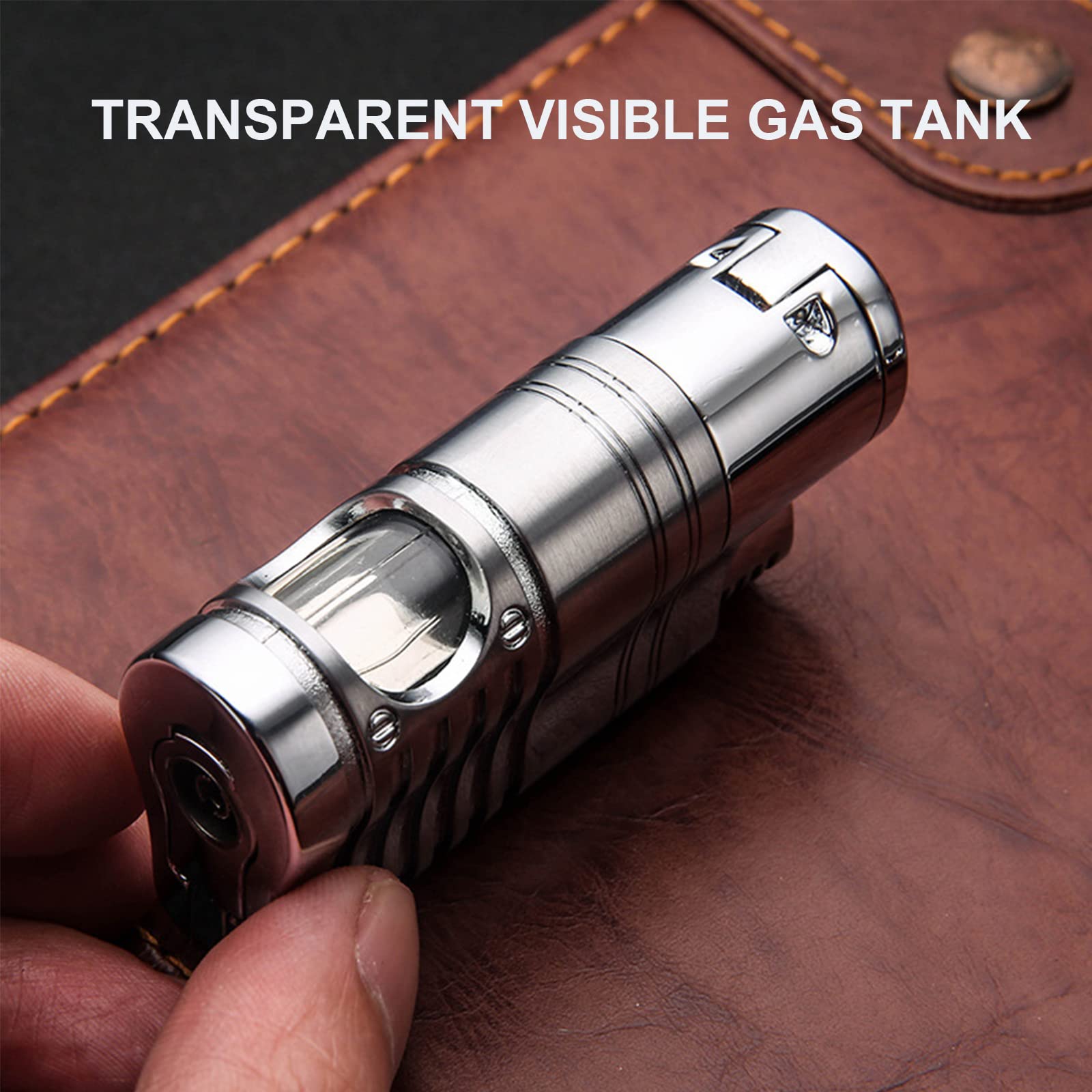 Briquet Torche en Métal Briquet Au Butane Rechargeable 4 Jet Flamme Gaz Cigarette Coupe-Vent Portable Briquet avec Poinçon Cigare Accessoires Fumeurs