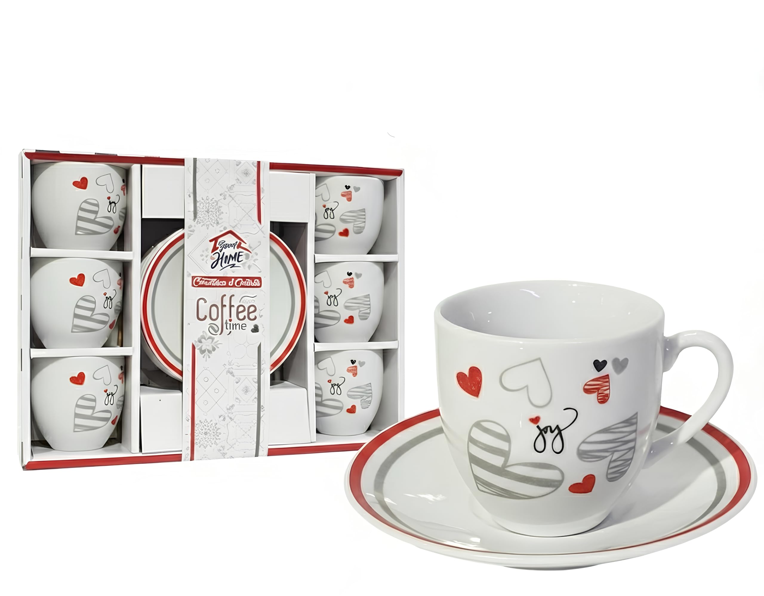 Servizio Set 6 Tazzine Da Caffè 90cc Con 6 Piattini Shabby Decorazioni Cuori 12 Pezzi Ceramica