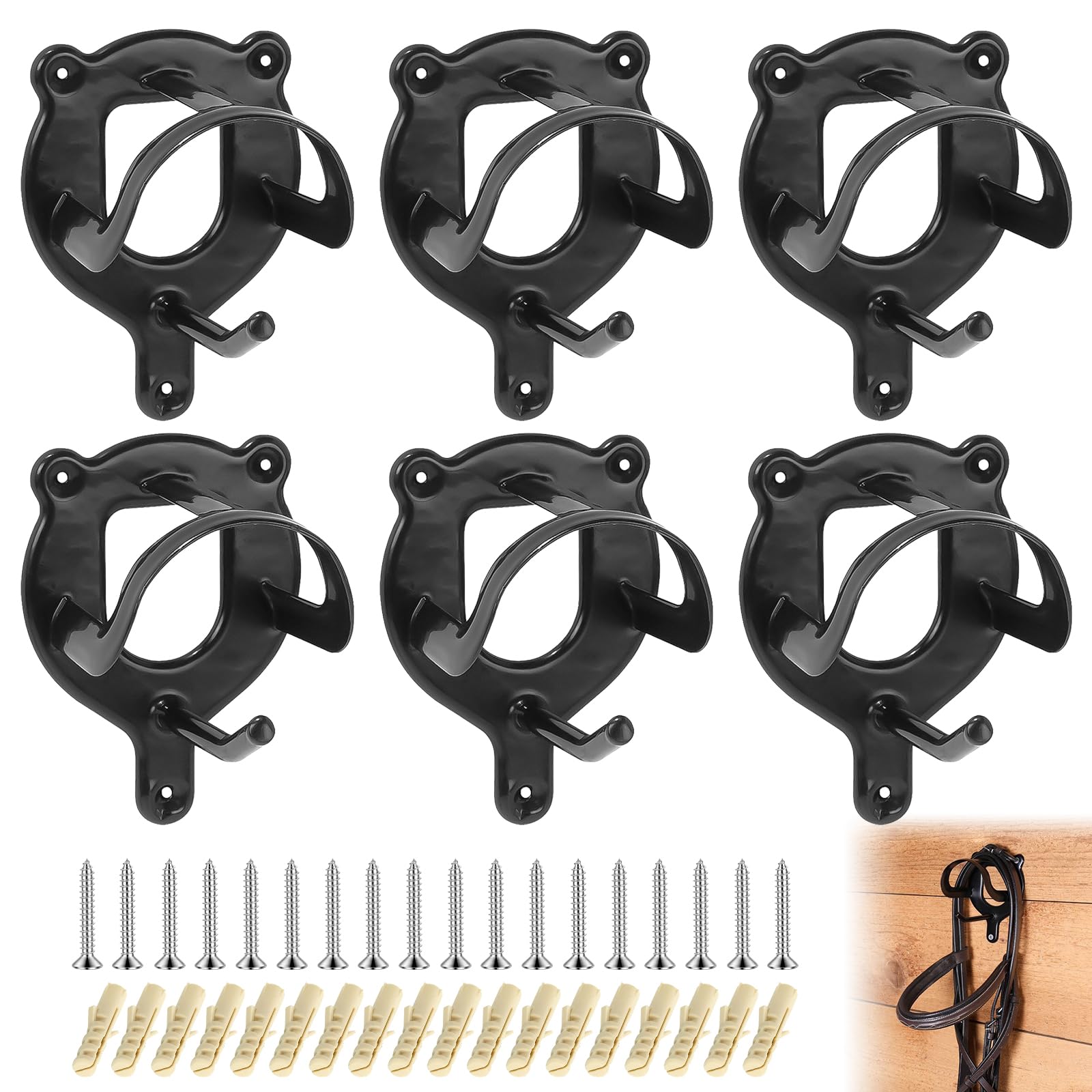 PORFOYO Soporte para bridas de caballos, 6 unidades, para caballo, brida ecuestre, con tubos y tornillo, brida de soporte, soporte de metal para cámara de sillín, granero, establo (negro)